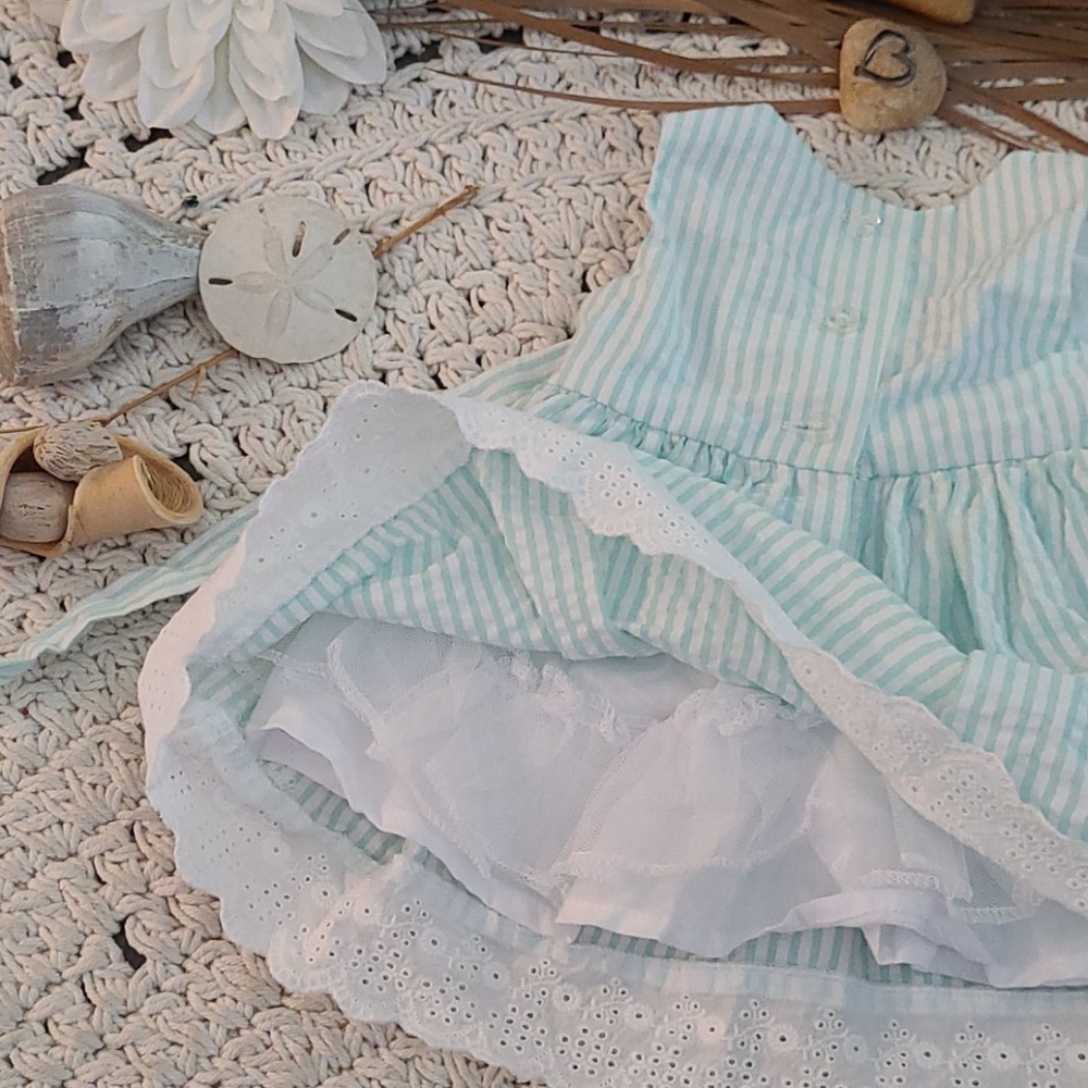 SUMMER BEAUTIFUL TEAL WHITE LACE  STRIPED  DRESS - Picture 16 of 16